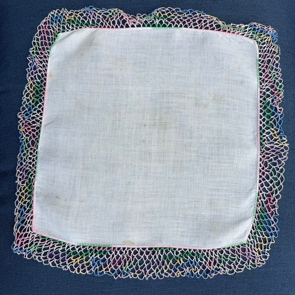 Vintage Handkerchief Crochet Edge Linen? Multicolor Lace White Hankie FLAW